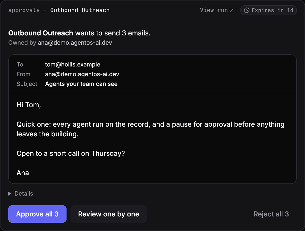An approval card for three emails from one run, with Approve all 3, Review one by one and Reject all 3.