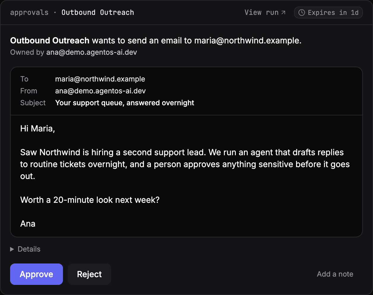 An approval card: Outbound Outreach wants to send an email, showing the recipient, sender, subject and full body, with Approve and Reject buttons.