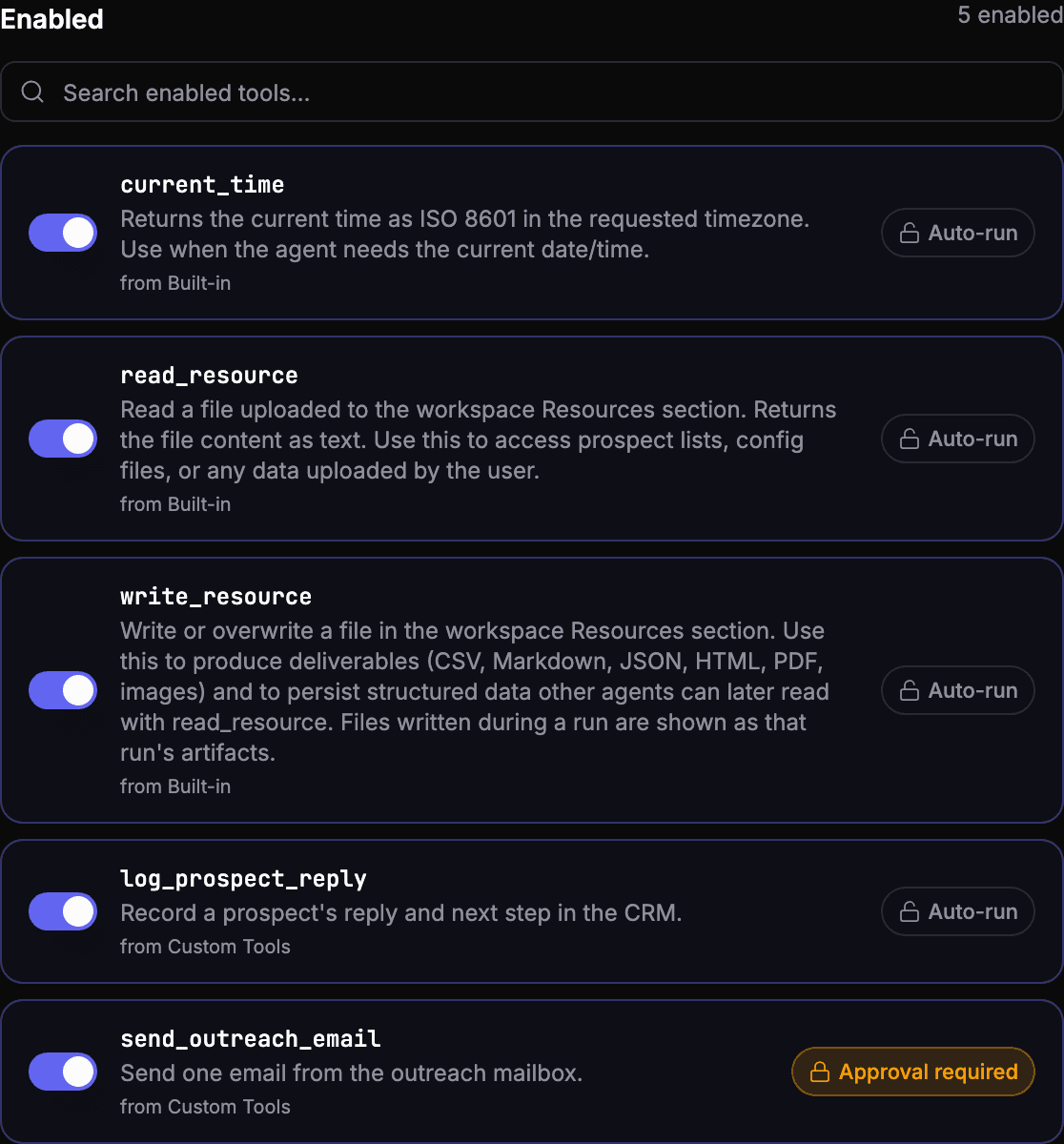 An agent's enabled tools: four marked Auto-run and send_outreach_email marked Approval required.
