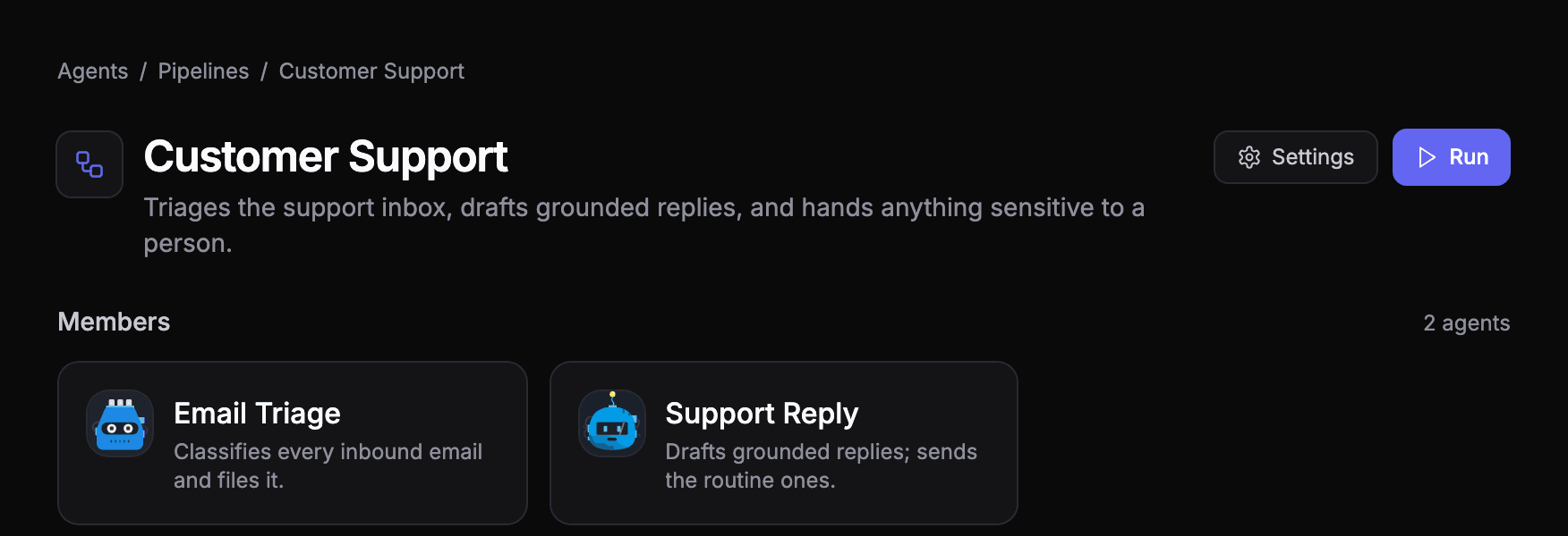 A Customer Support pipeline with two members: Email Triage, which classifies inbound email, and Support Reply, which drafts grounded replies.