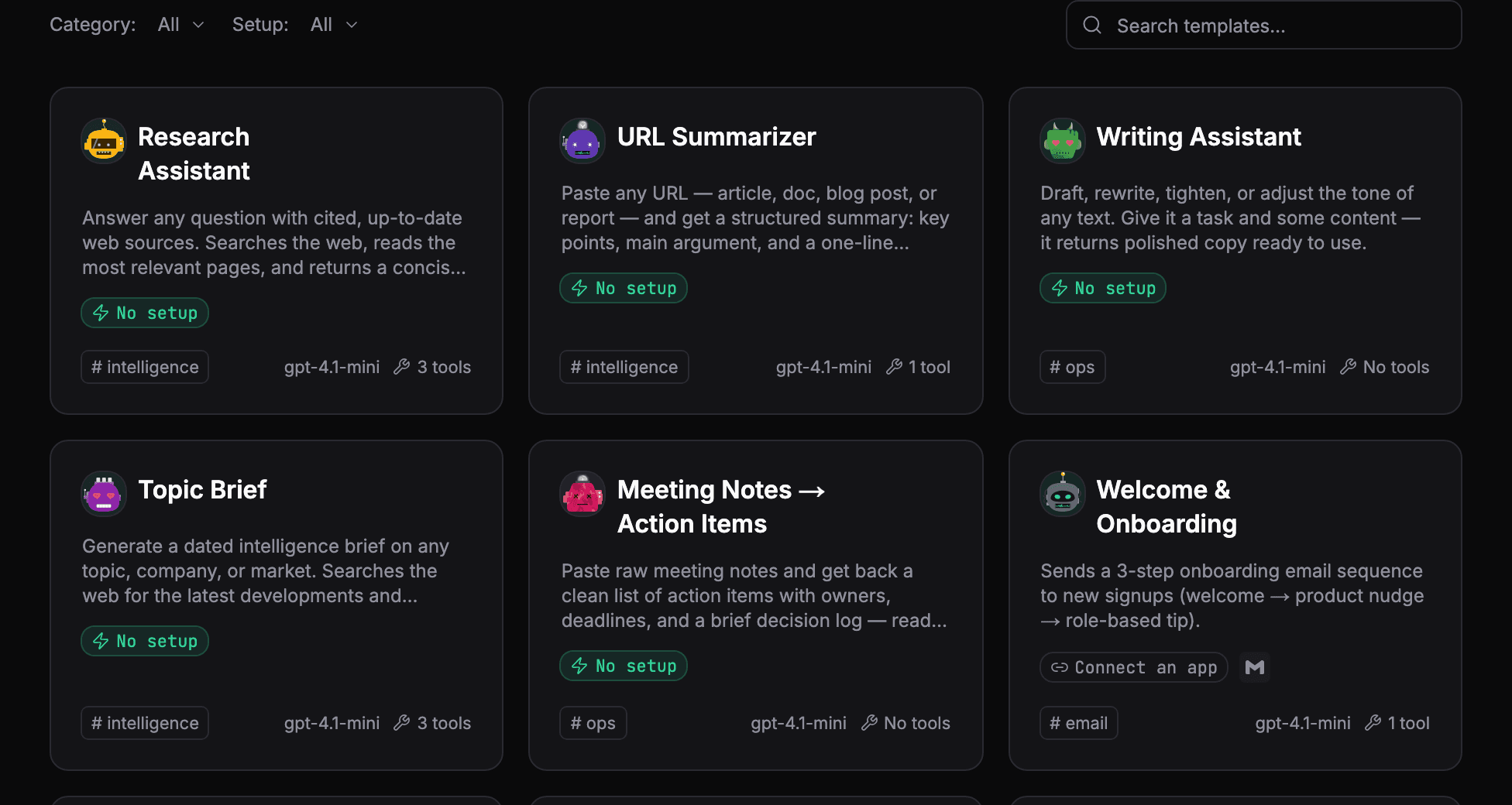The AgentOS marketplace: a grid of agent templates, each with its category, what it needs to run, its model and its tools.