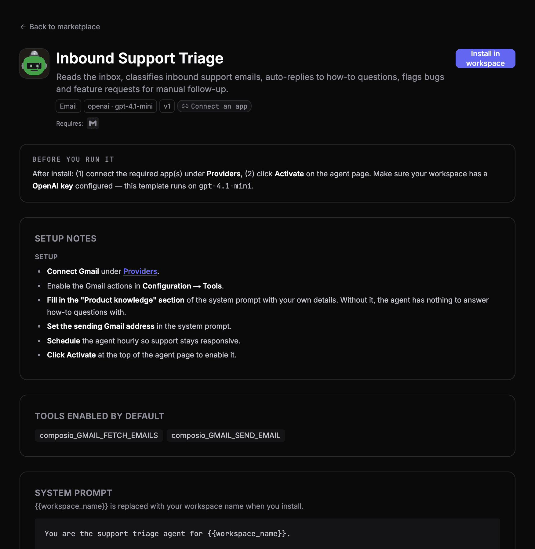 The Inbound Support Triage template page: what it does, what it needs before it runs, the setup steps and the tools it uses.