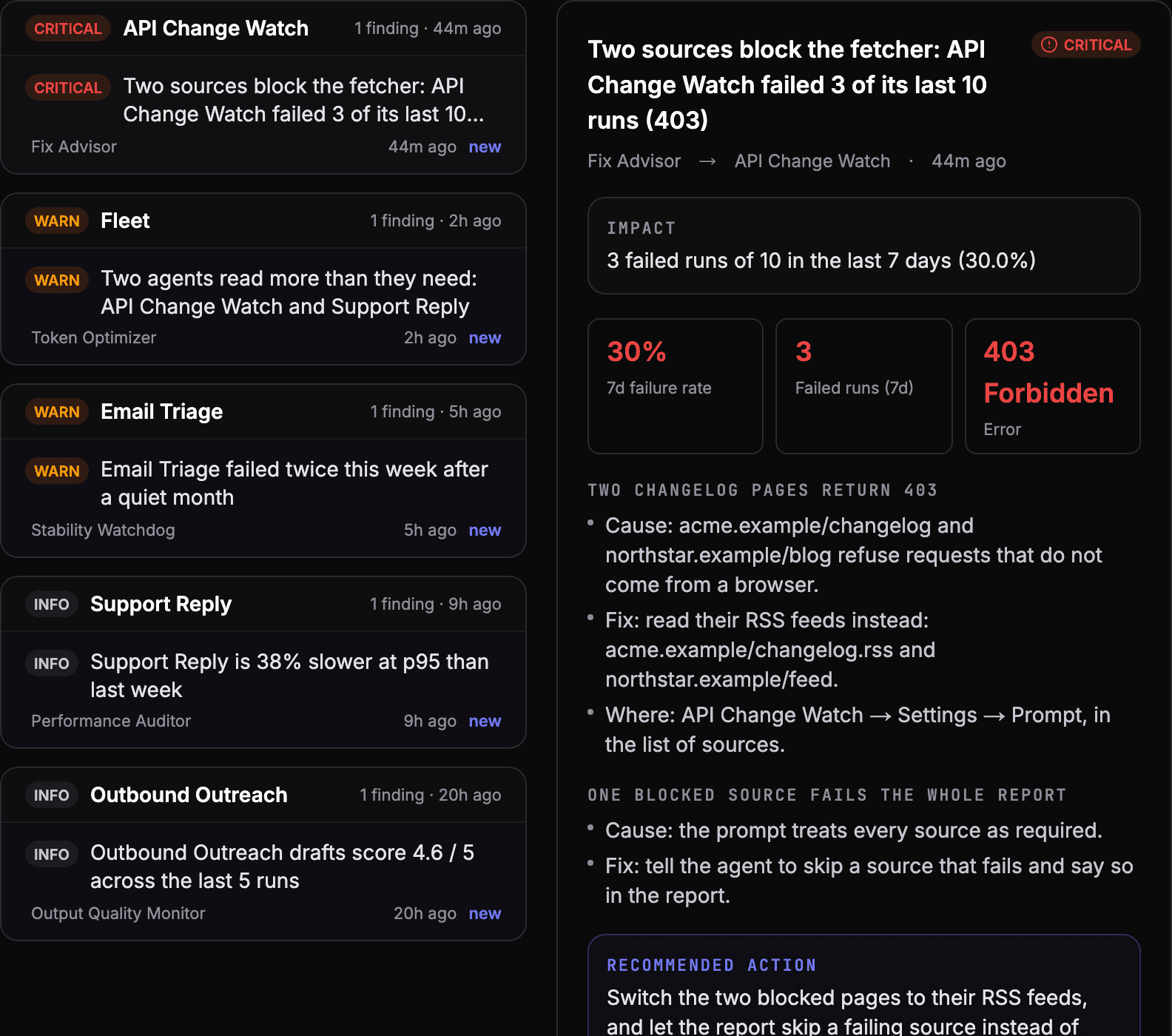 A findings inbox: findings grouped by agent and ranked by severity, with the selected critical finding open beside the list.