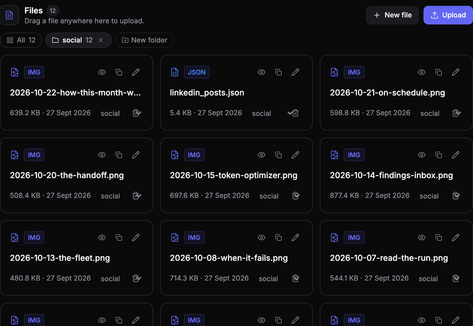 A Resources folder named social: a month of post images and the post plan file.