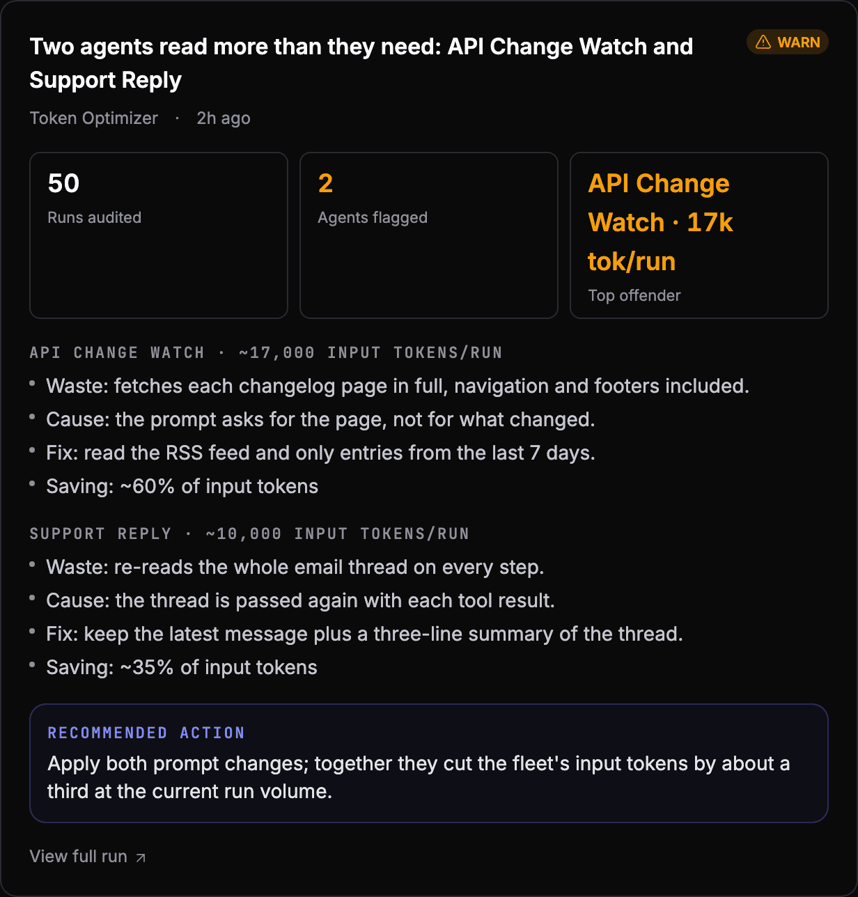 A Token Optimizer finding: two agents flagged, each with the waste, its cause, the fix and the expected saving, and a recommended action.
